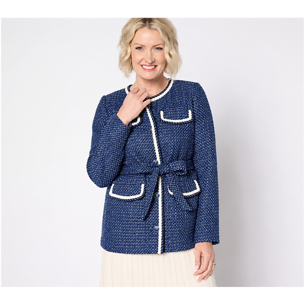 Isaac Mizrahi Live! Regular Woven Tweed Jacket with Self Tie Blue Tweed, Large